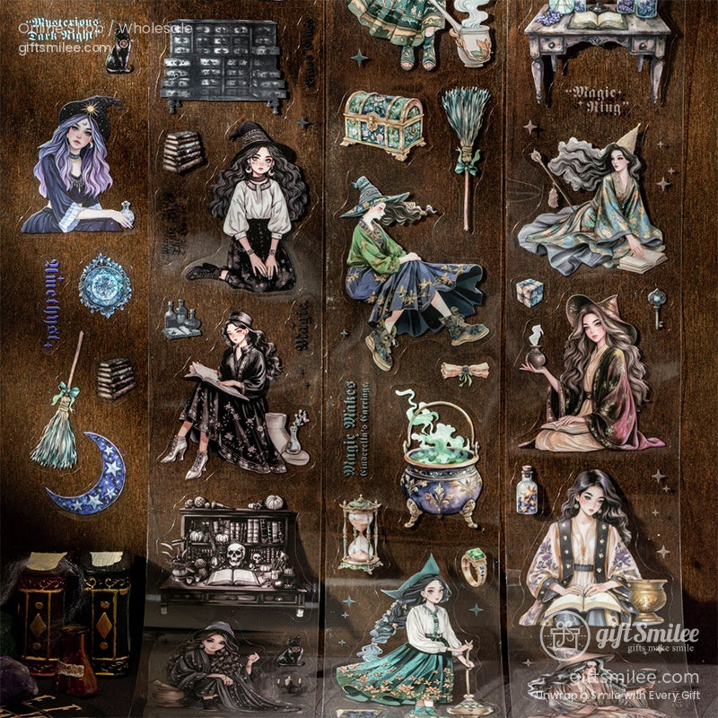 Full sheet of gothic witchcraft stickers with enchanting designs, including spell books, potions, and brooms