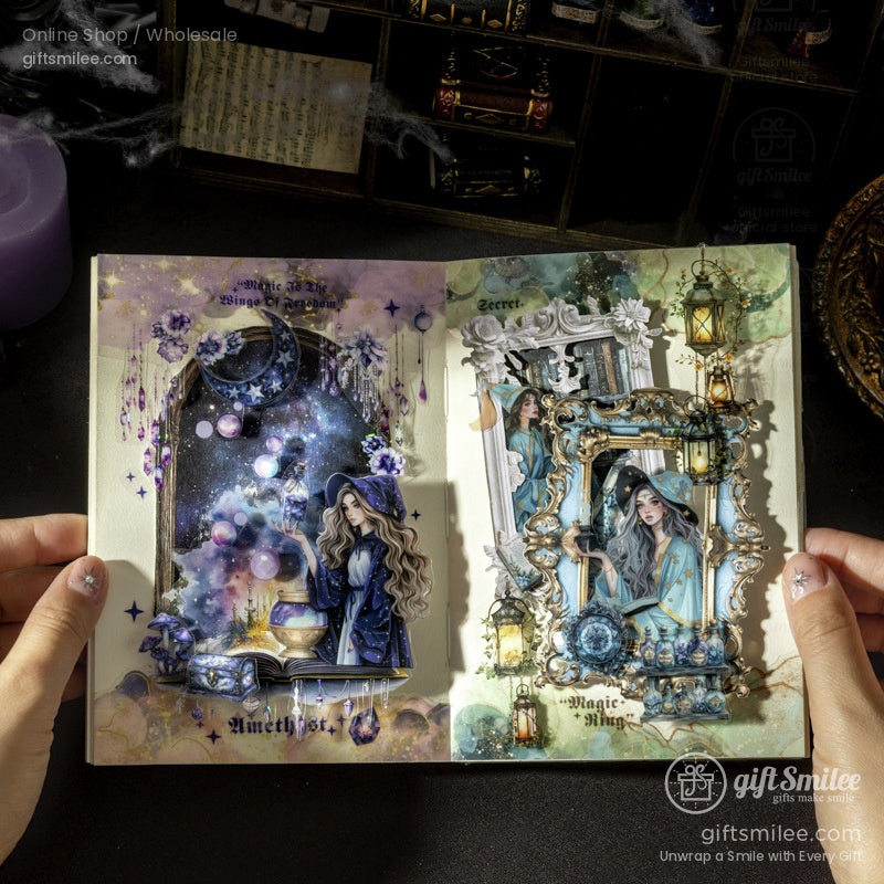 Display of scrapbook pages decorated with magical washi tape and stickers, creating a mystical journaling theme