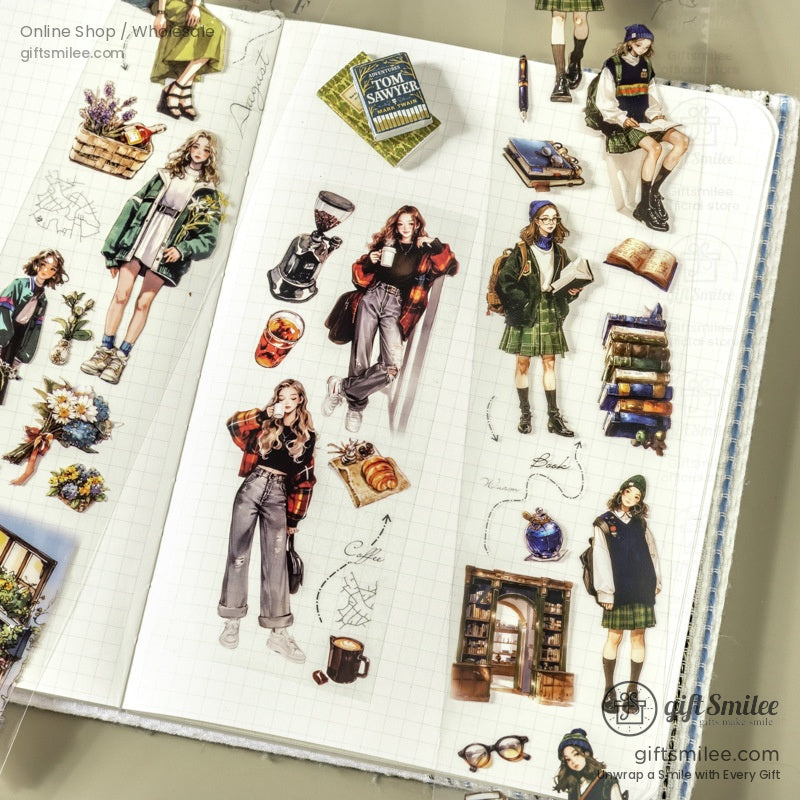 Detailed scrapbook stickers showcasing stylish outfits, coffee, books, and flowers for a cozy journaling vibe