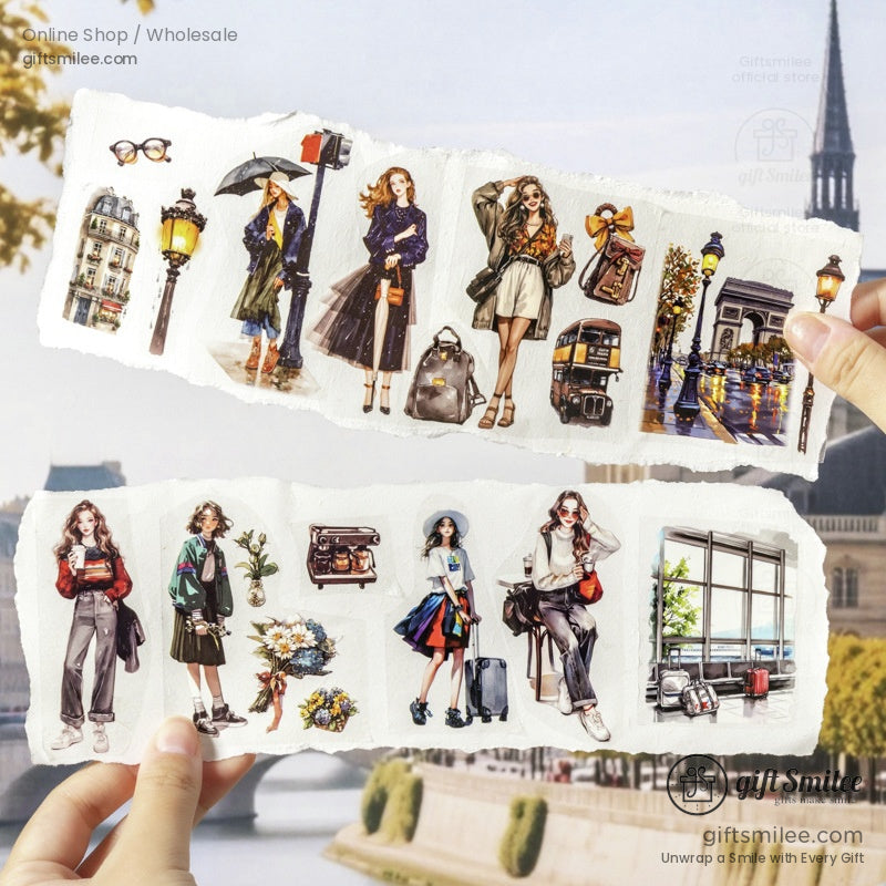 Vintage-style stickers with Paris streets, fashion girls, landmarks, and travel decor, perfect for planners