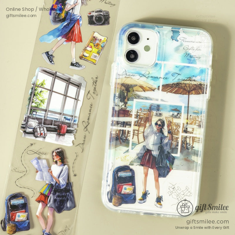 A travel-themed journaling sticker sheet with stylish girls, suitcases, and charming European sceneries