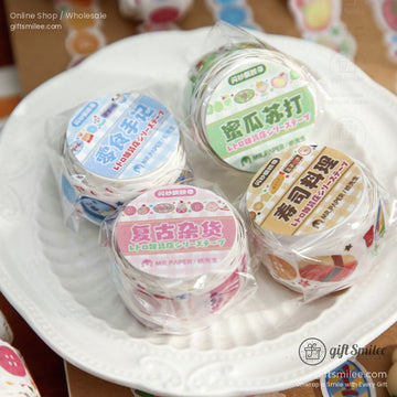 Close-up of a set of Japanese washi tapes with retro food designs on a white plate