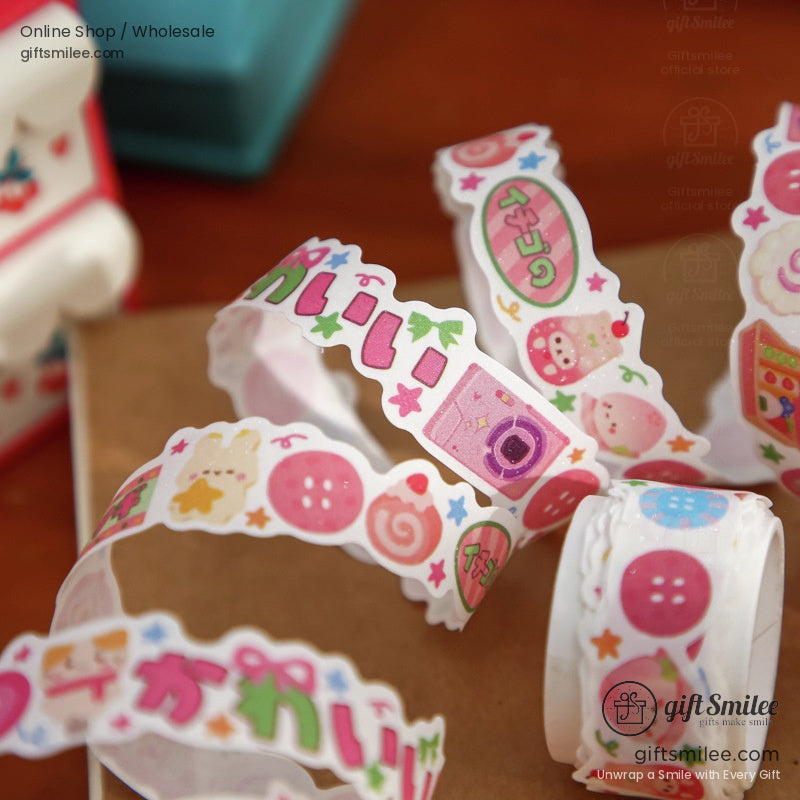 Unrolled kawaii washi tape with colorful food and cute patterns, showing details