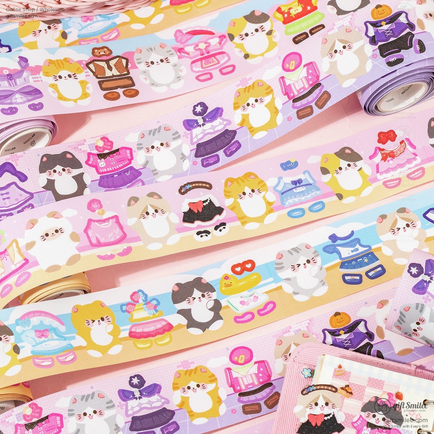 Close-up of colorful cat-themed washi tape rolls with adorable designs