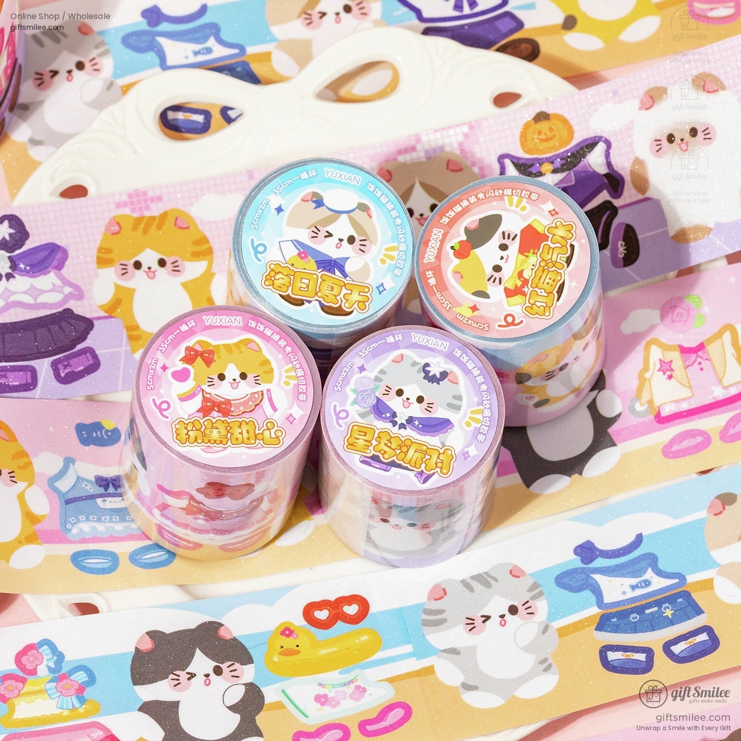 Stack of cute washi tape rolls featuring pastel cat stickers and patterns