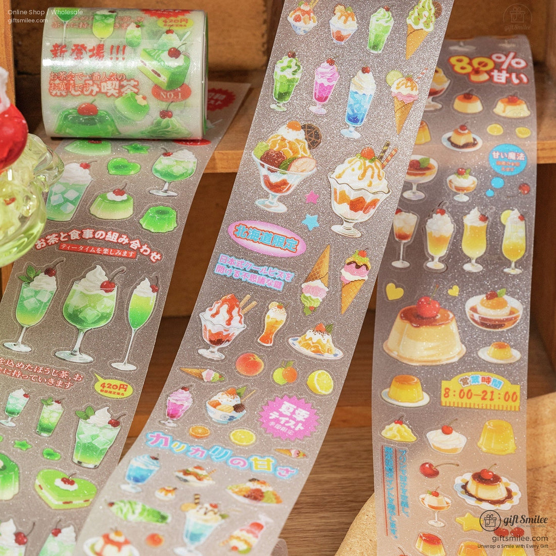 Glittery washi tape featuring Japanese desserts like parfaits and puddings