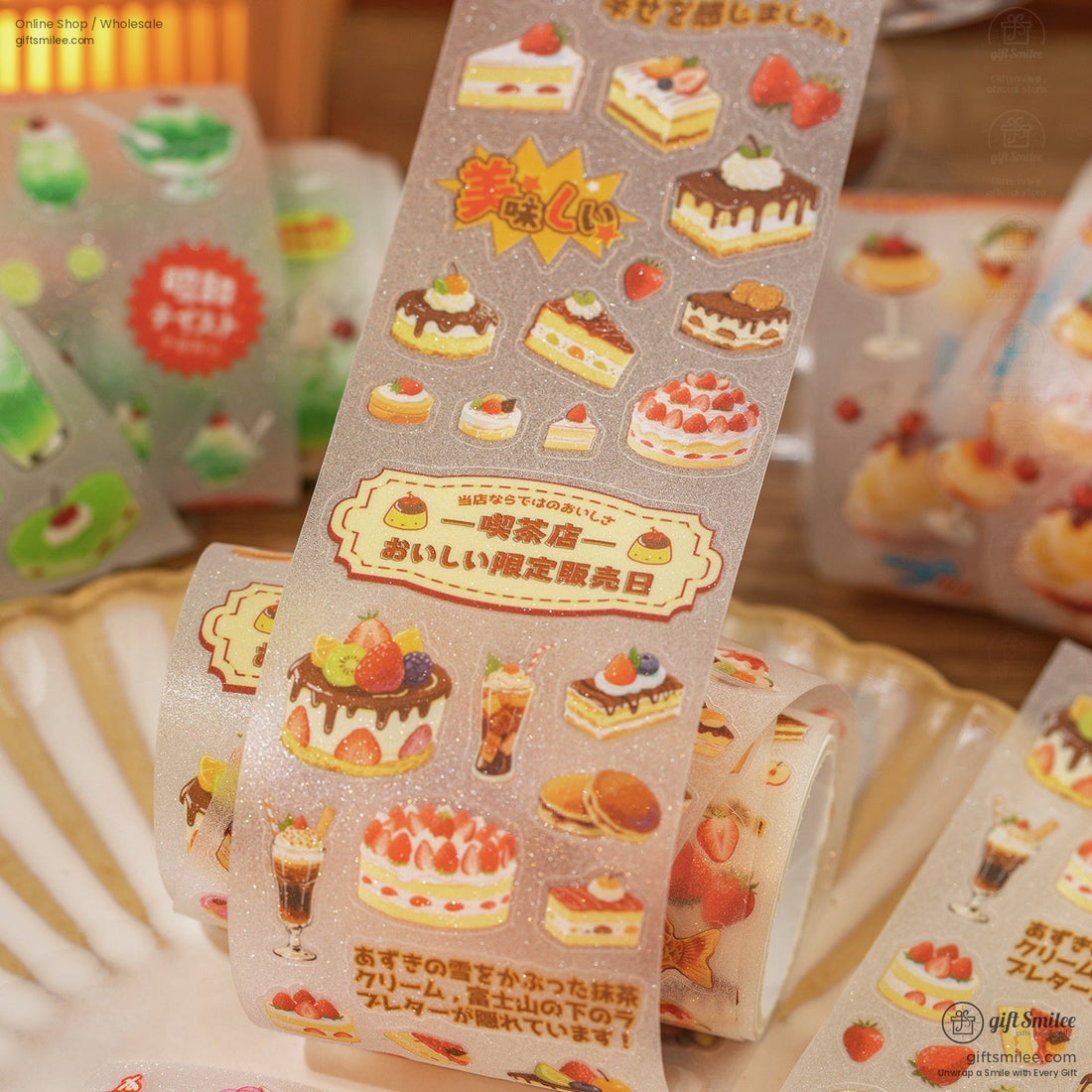 Glittery washi tape featuring Japanese desserts like parfaits and puddings
