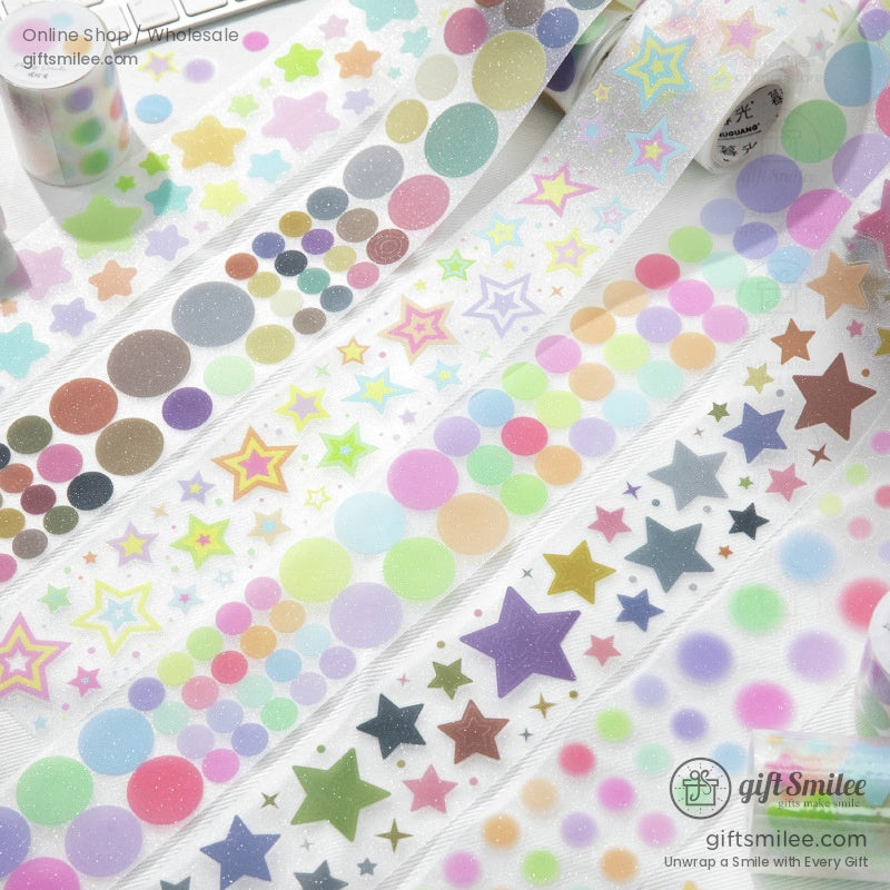 Holographic washi tape with pastel stars and circles for journaling and scrapbooking