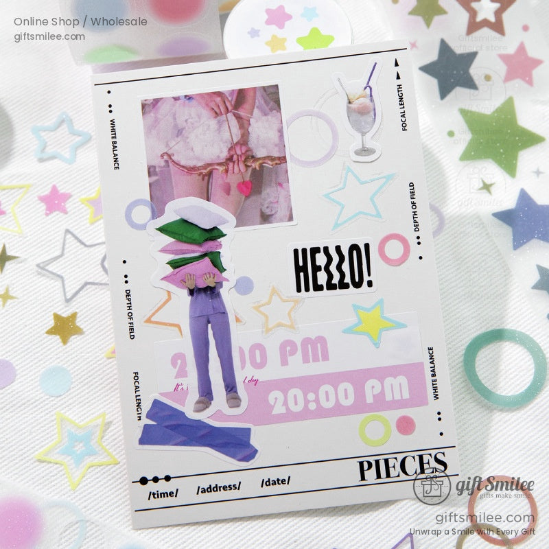 Creative journaling page decorated with holographic star and circle washi tape