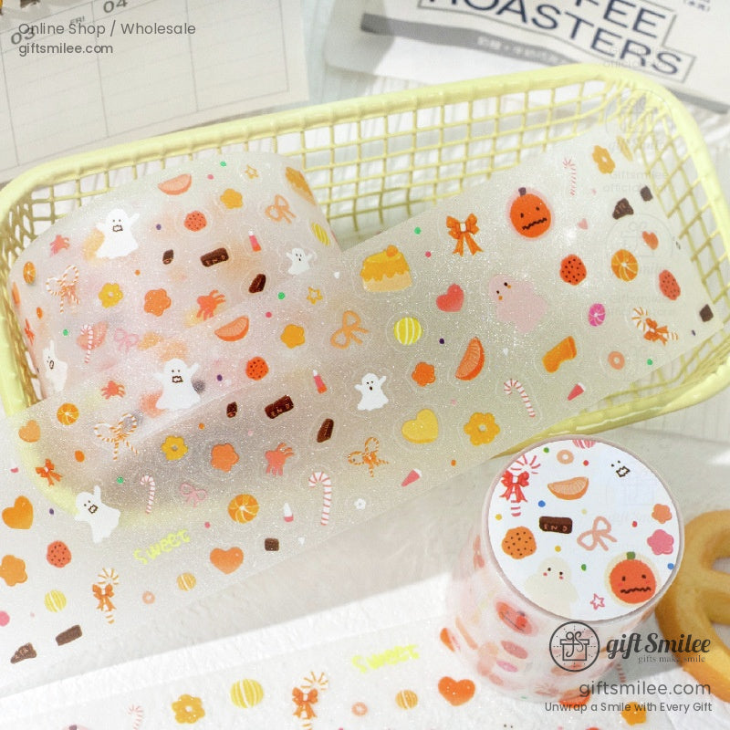 Halloween-themed washi tape with pumpkins, candies, and ghost designs