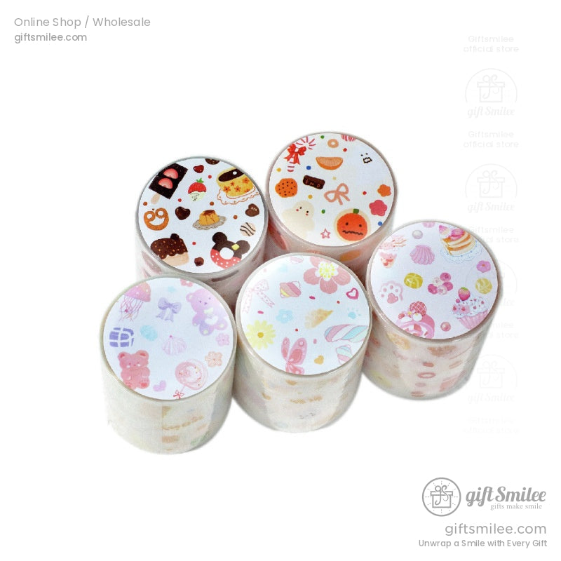 Kawaii-style decorative tape rolls featuring pastel desserts and cute designs