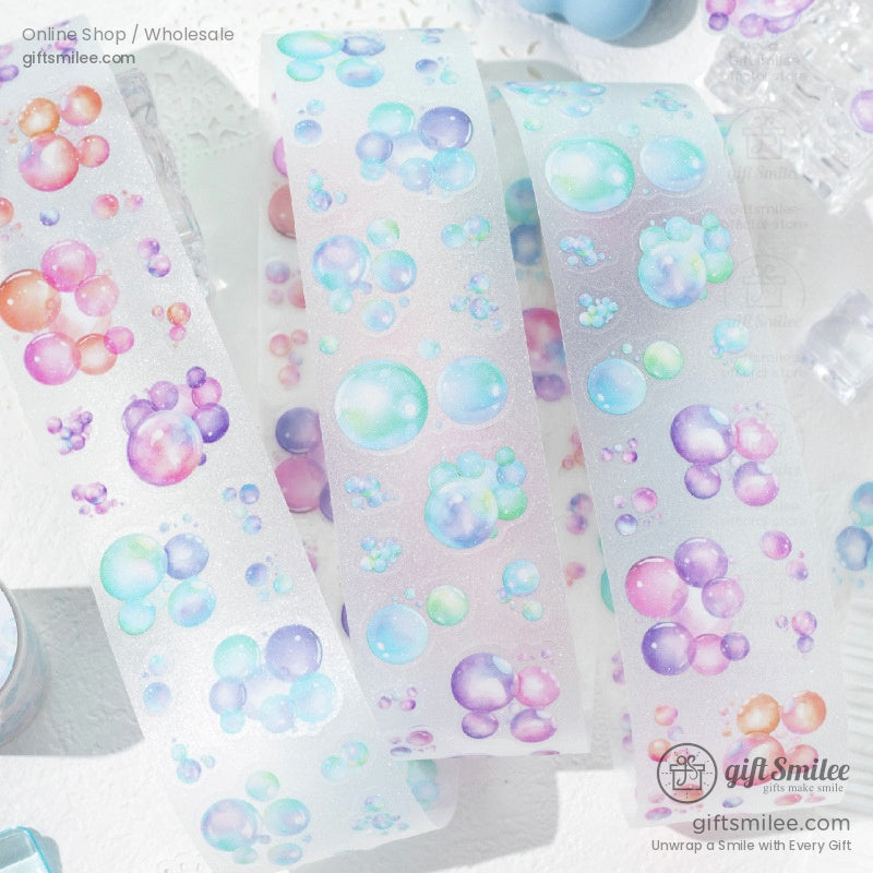 Pastel bubble-themed washi tape with holographic sparkle, perfect for journaling and scrapbooking