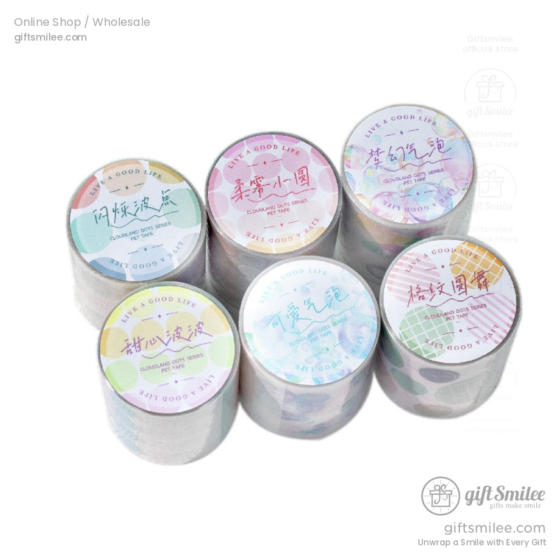 Six-pack of pastel holographic washi tape rolls with themed labels for DIY and stationery lovers