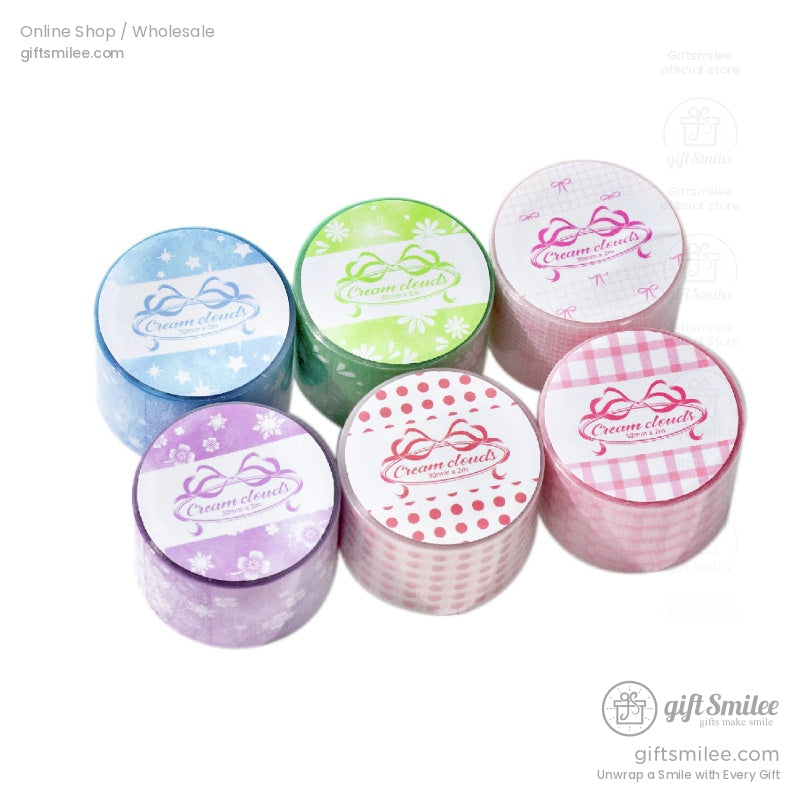 Six pastel washi tape rolls in a mix of floral, polka dot, and gingham patterns