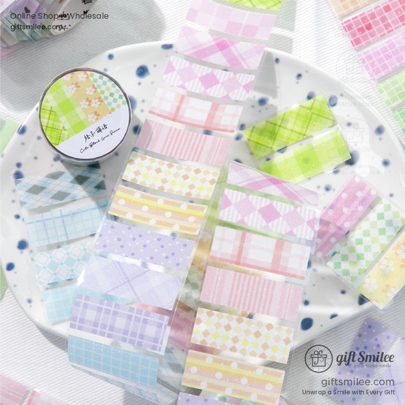 A vibrant pastel washi tape set displayed in rows, featuring various colorful and geometric designs