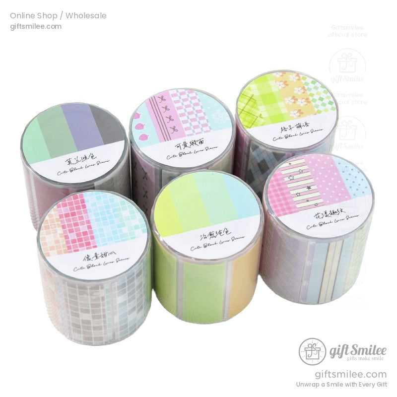 Six pastel washi tape rolls in individual packaging, displaying their unique colorful designs
