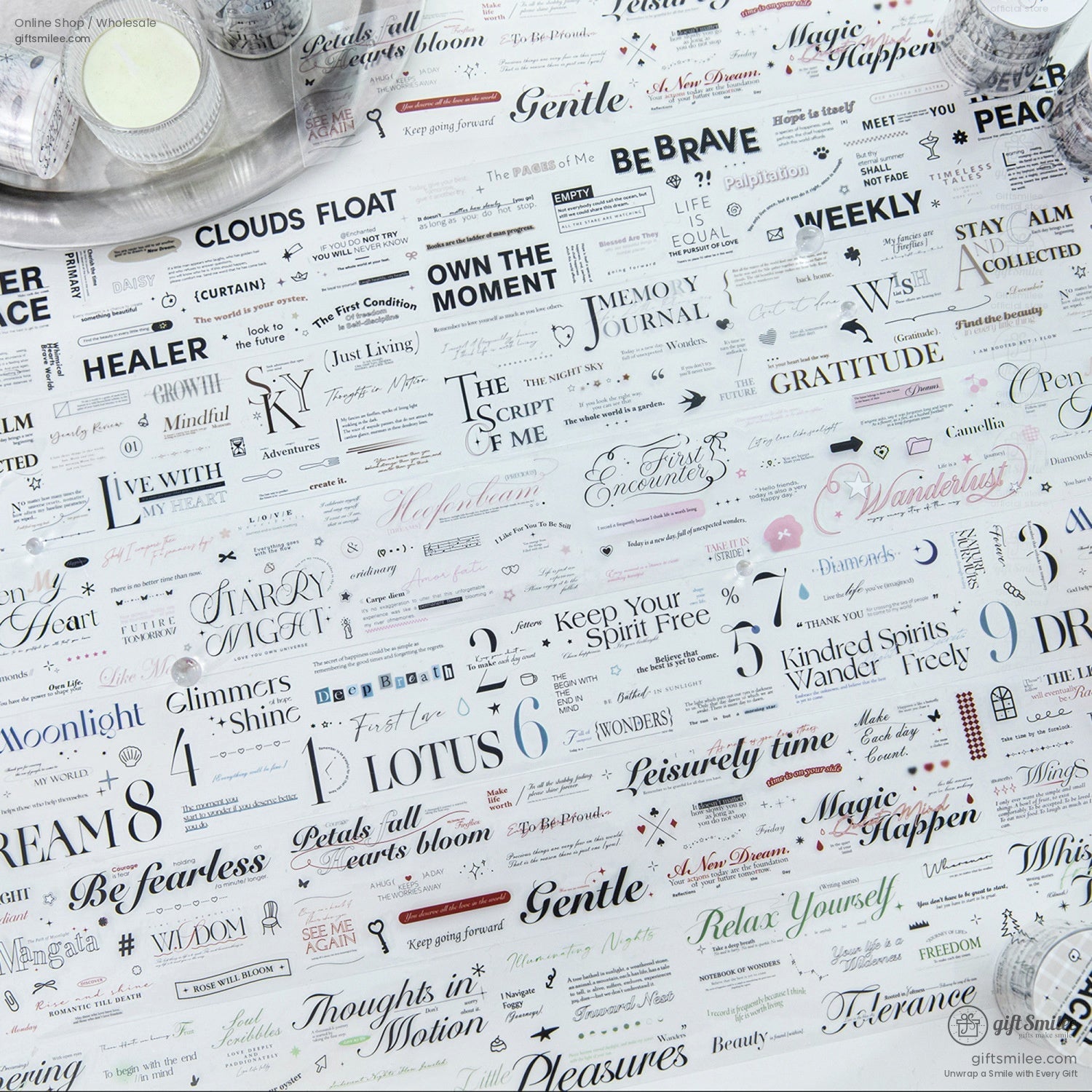 A close-up of a scrapbook filled with retro-style motivational washi tape designs