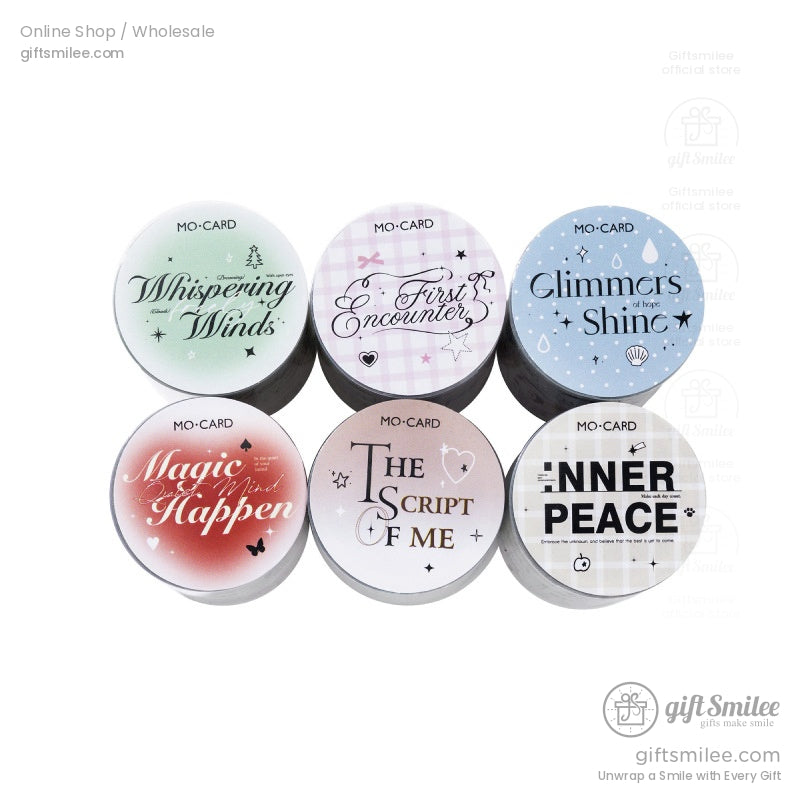 A set of six decorative washi tape rolls with inspirational quotes and patterns