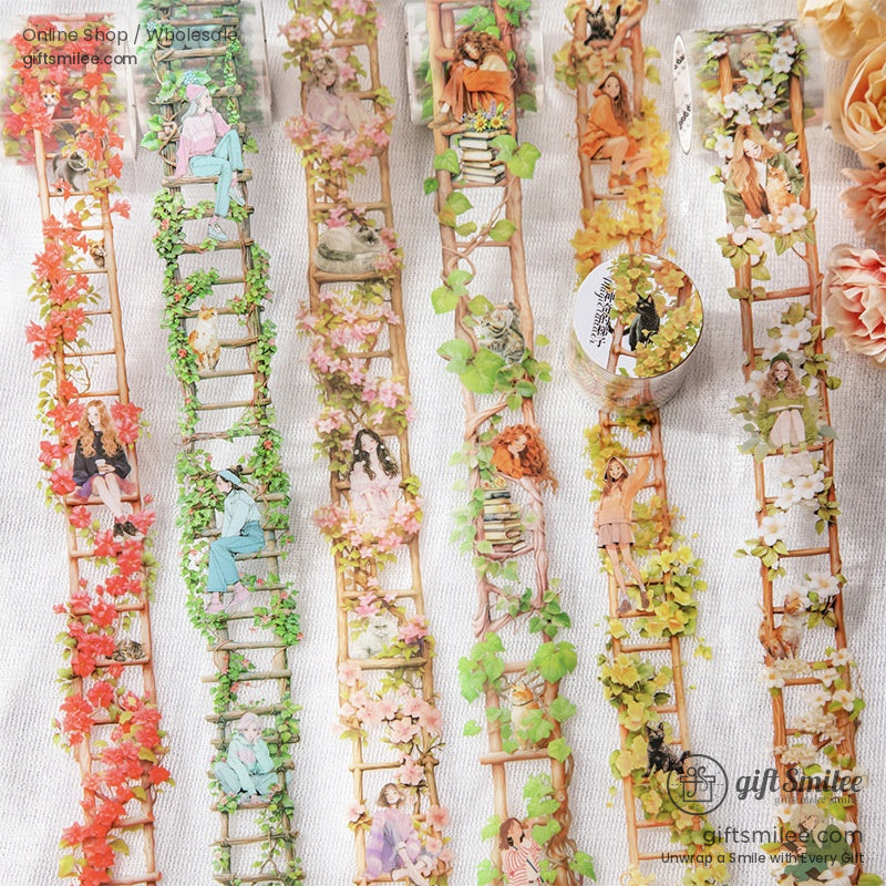 A selection of ladder-themed washi tapes featuring floral and character illustrations in vibrant colors