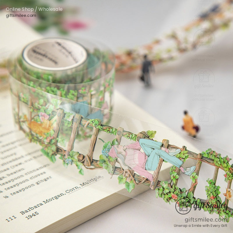 Close-up of a green floral ladder washi tape with a character lounging on it, perfect for journaling or scrapbooking