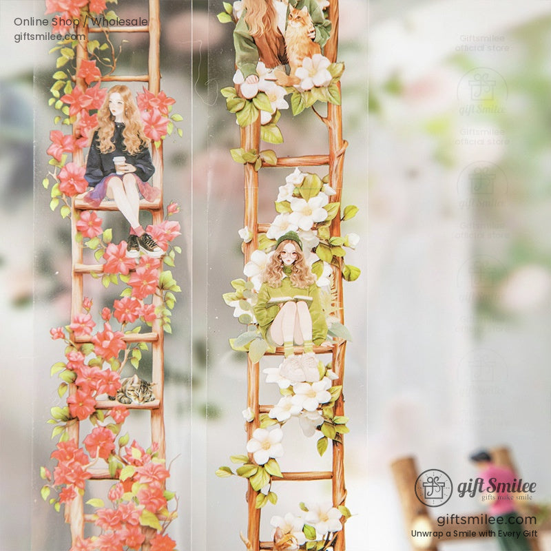Detailed view of pink and white floral ladder designs with characters, ideal for decorating planners