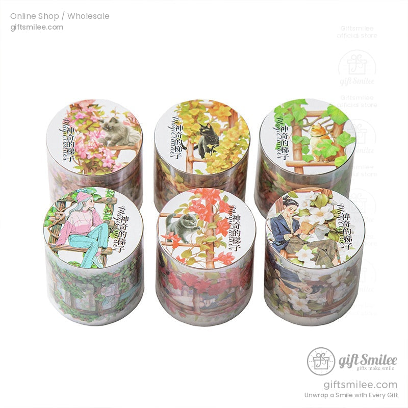 A set of six washi tape rolls with diverse ladder and floral designs, ready for crafting and decoration