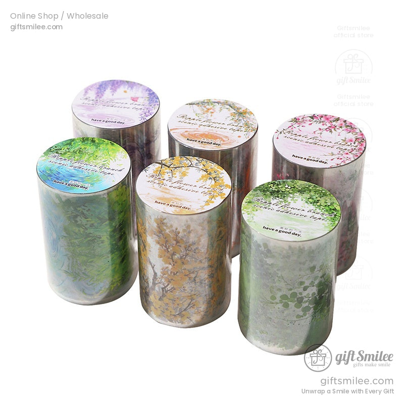 Set of six botanical washi tape rolls featuring unique nature-inspired patterns in various colors