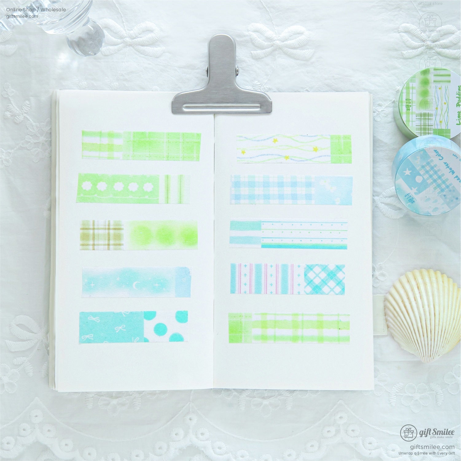 Blue and green pastel washi tapes arranged in a journal, perfect for planners and crafts