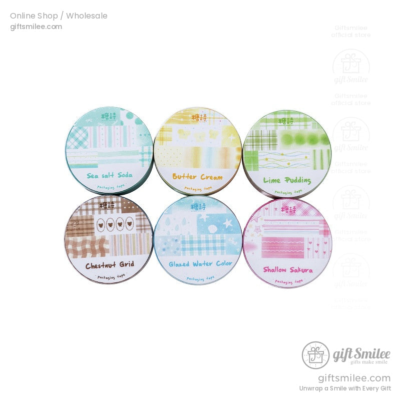 Set of six pastel washi tapes in pink, green, blue, and yellow, showcasing the full collection