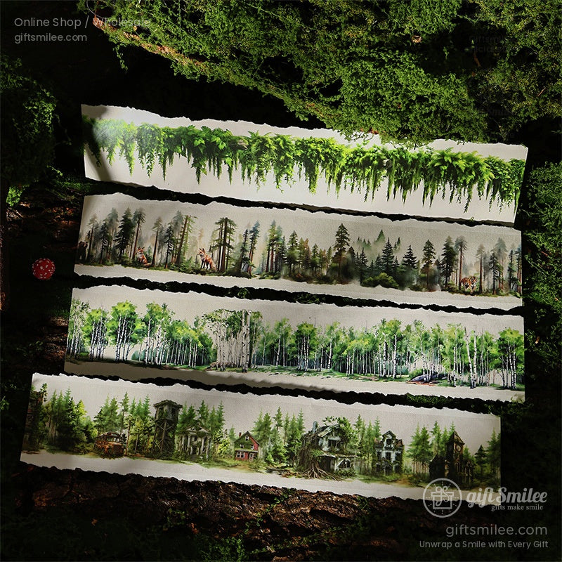 A set of four forest washi tapes featuring woodland scenes, pine trees, and mossy landscapes