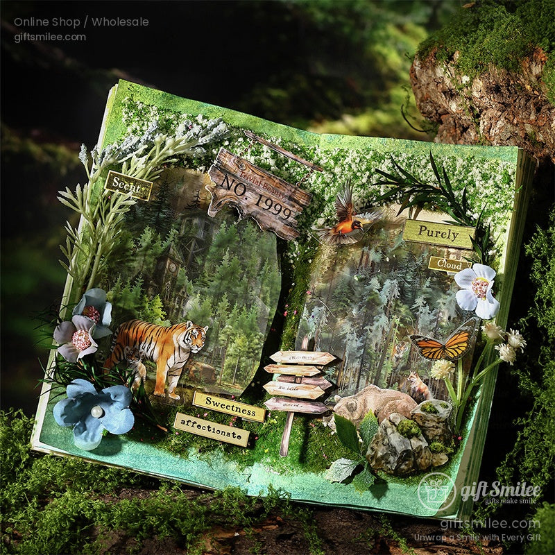 A creative scrapbook layout with forest-themed washi tape, featuring tigers, birds, and floral accents