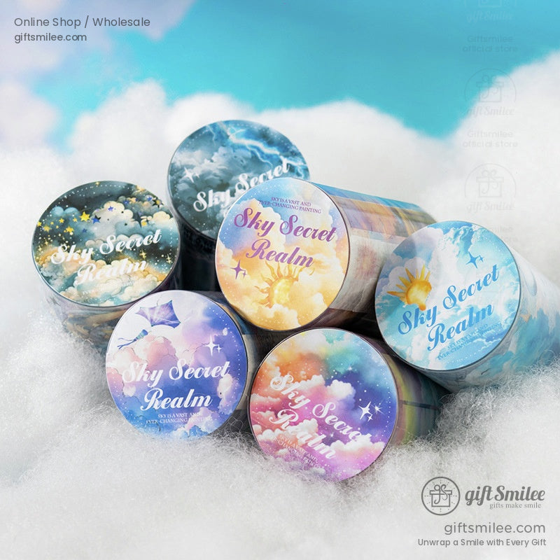 A collection of Sky Secret Realm washi tapes displayed in cotton-like clouds emphasizing their dreamy aesthetic