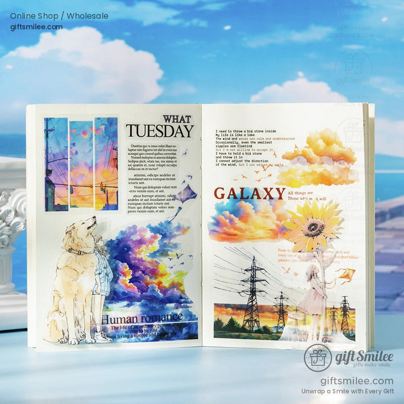Art journal showcasing vibrant sky-inspired washi tape designs featuring clouds, rainbows, and poetic text