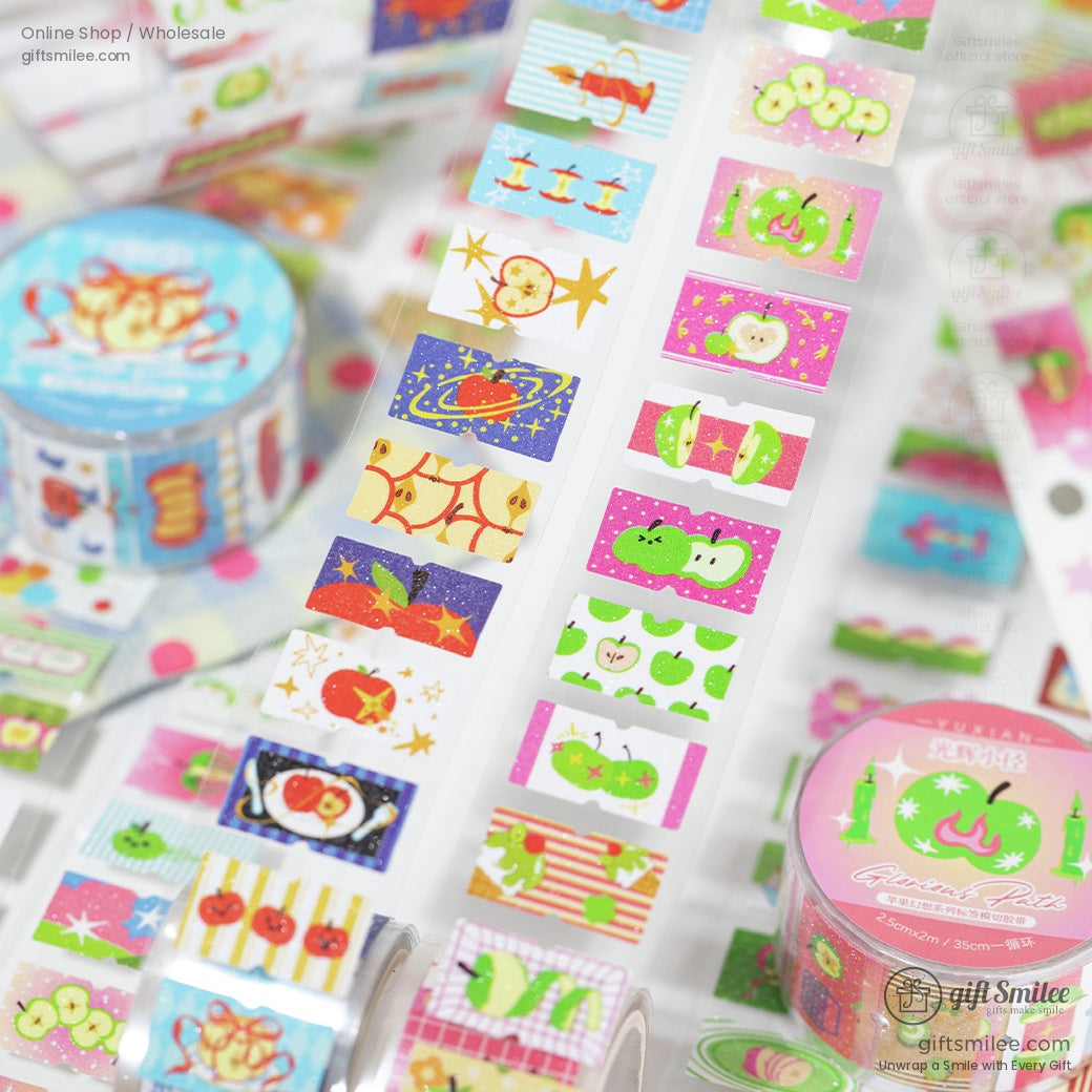 Kawaii glitter washi tape with apple and planet designs for crafting and journaling