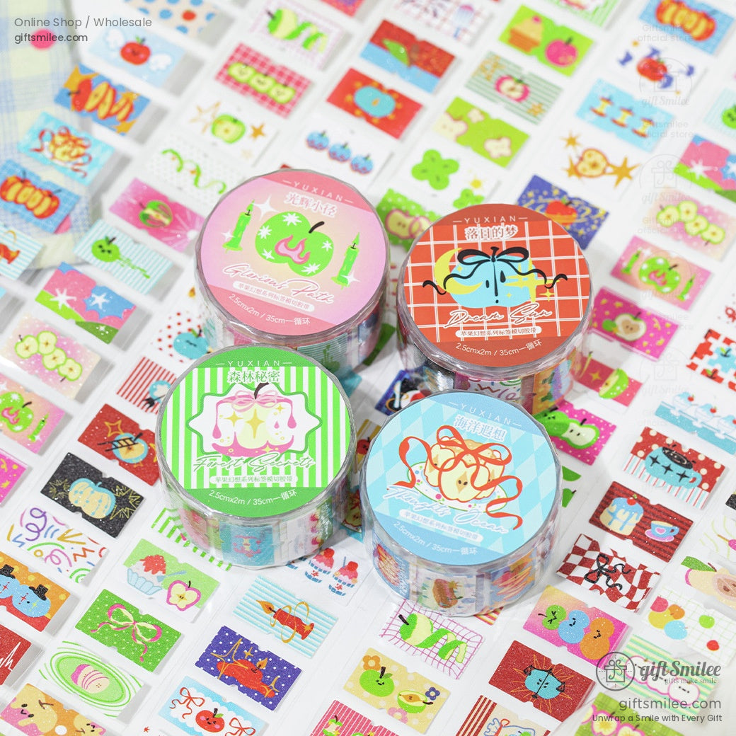 Kawaii glitter washi tape with apple and planet designs for crafting and journaling
