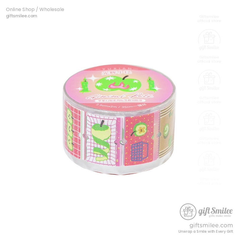 Single roll of pink glitter washi tape featuring apple and nature designs