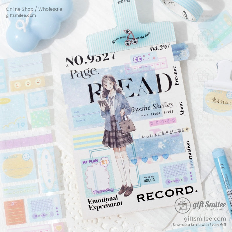 Close-up of a notebook with colorful washi tape embellishments for DIY projects