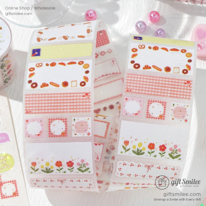 Close-up of bakery-themed washi tape with bread and gingham designs