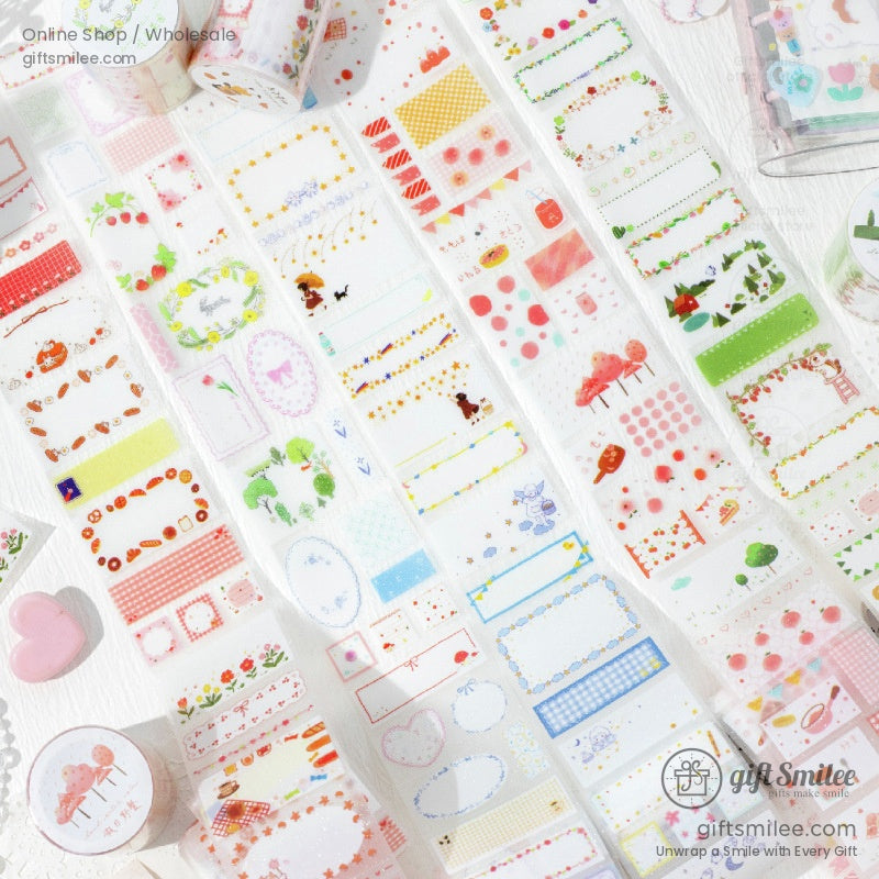 Close-up of bakery-themed washi tape with bread and gingham designs