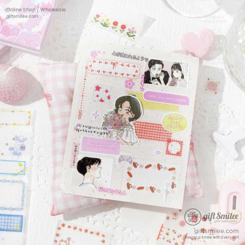 Journaling spread using washi tape with floral and romantic designs