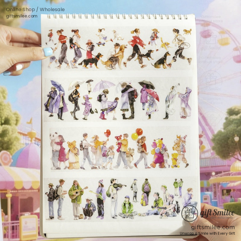 A roll of watercolor washi tape featuring people walking dogs in a park with a coffee shop in the background