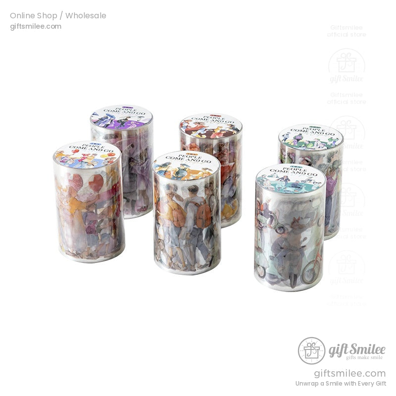 A set of six watercolor washi tape rolls with unique designs depicting everyday life scenes