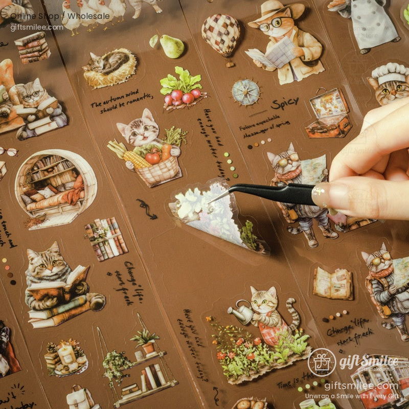 Brown background with colorful artistic cat stickers, perfect for scrapbooks and planners