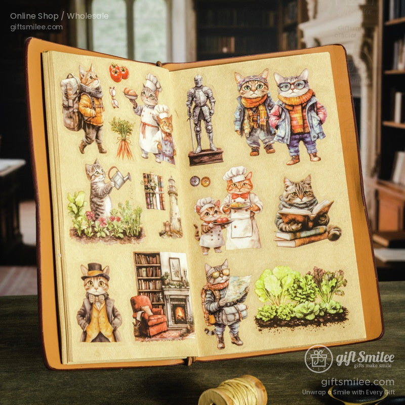 Open scrapbook with whimsical cat stickers, set in a cozy vintage-themed library
