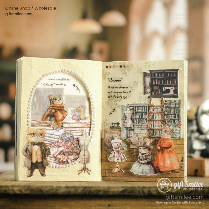 Artistic scene of cat stickers on a crafting table, including sewing, reading, and gardening motifs