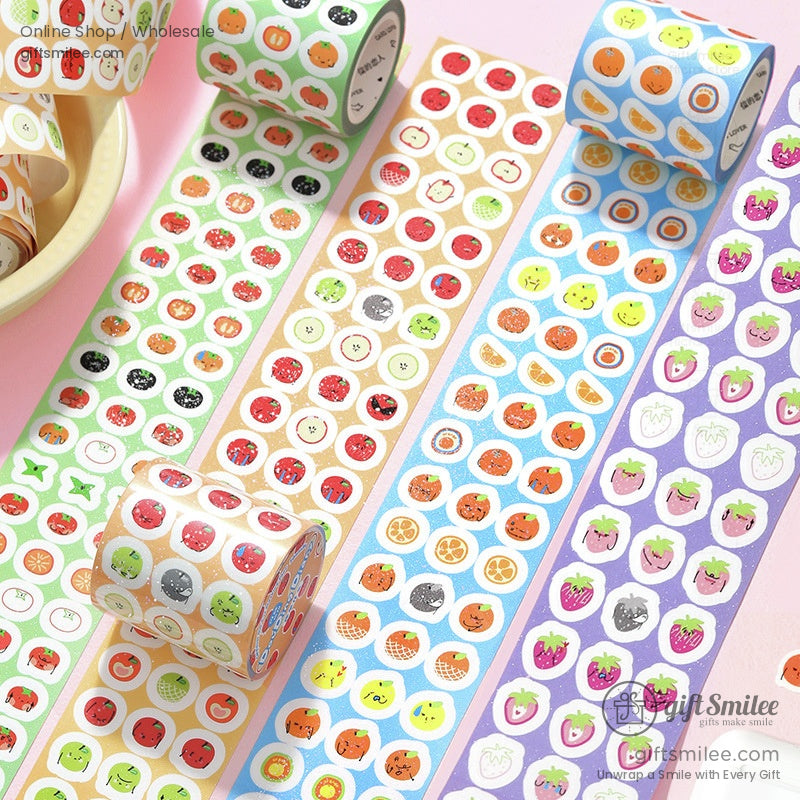 Variety of fruit-themed washi tape rolls with vibrant kawaii designs