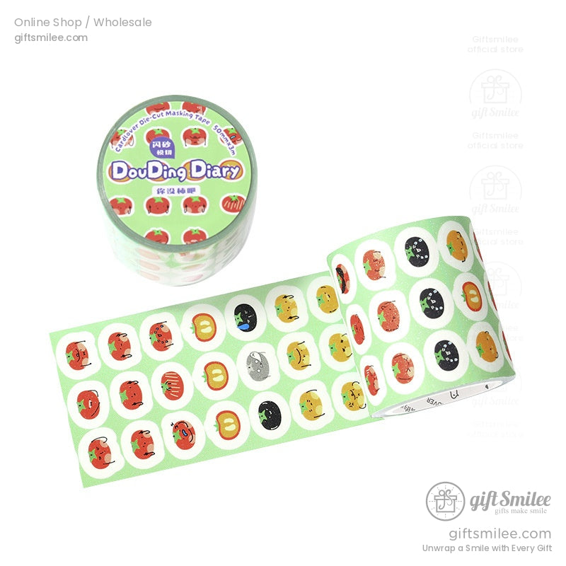 Green apple-themed washi tape roll, showcasing cute and colorful fruit stickers