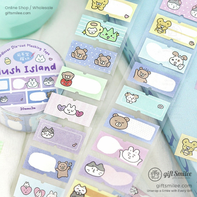 Plush Island masking tape roll with cute pastel animal designs