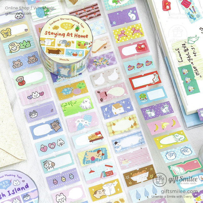 Staying at Home die-cut tape with animal and home-themed designs for journaling