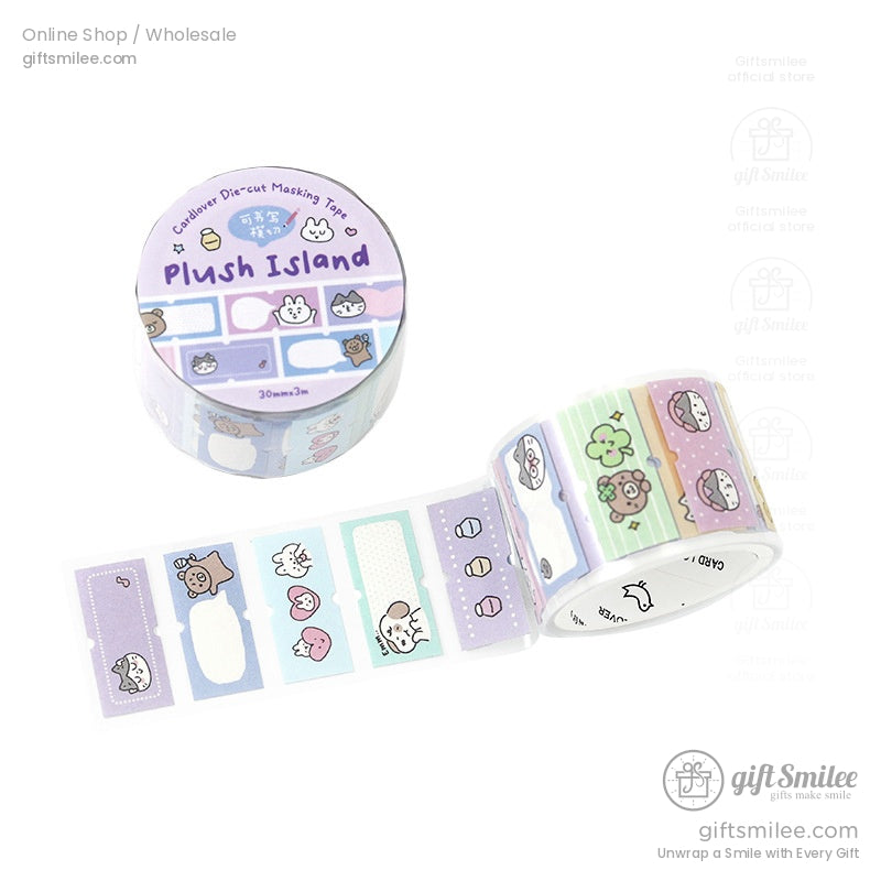Handmade card decorated with cute die-cut masking tape featuring cats and rabbits
